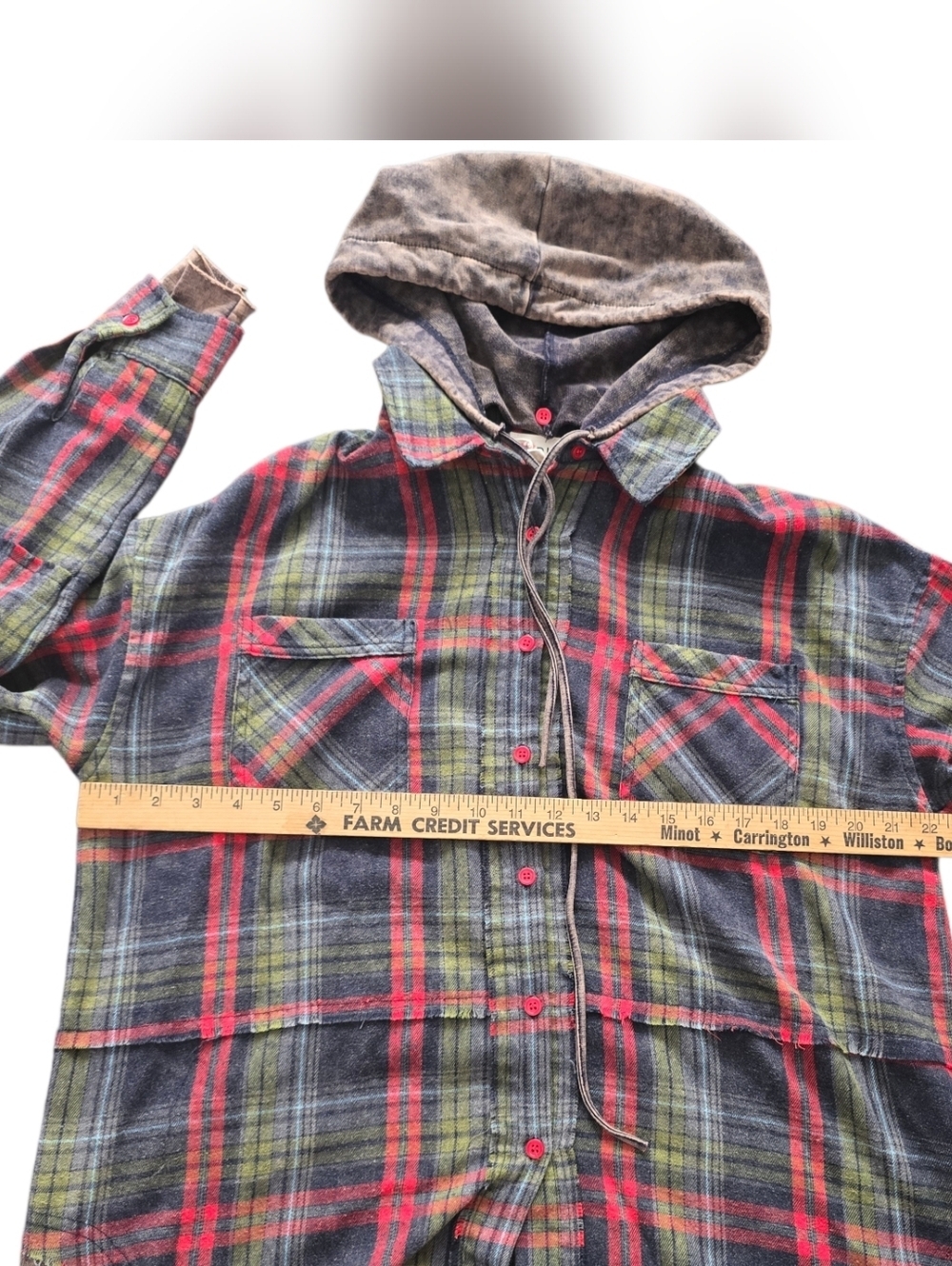 BiBi Plaid Hooded Button-Down Shirt Jacket - Red, Green & Gray Size M Oversized - Picture 5 of 6